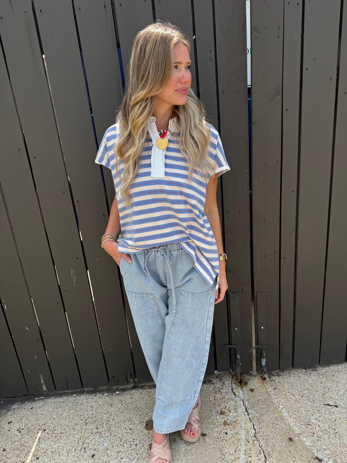 Star Button Blue Stripe Top