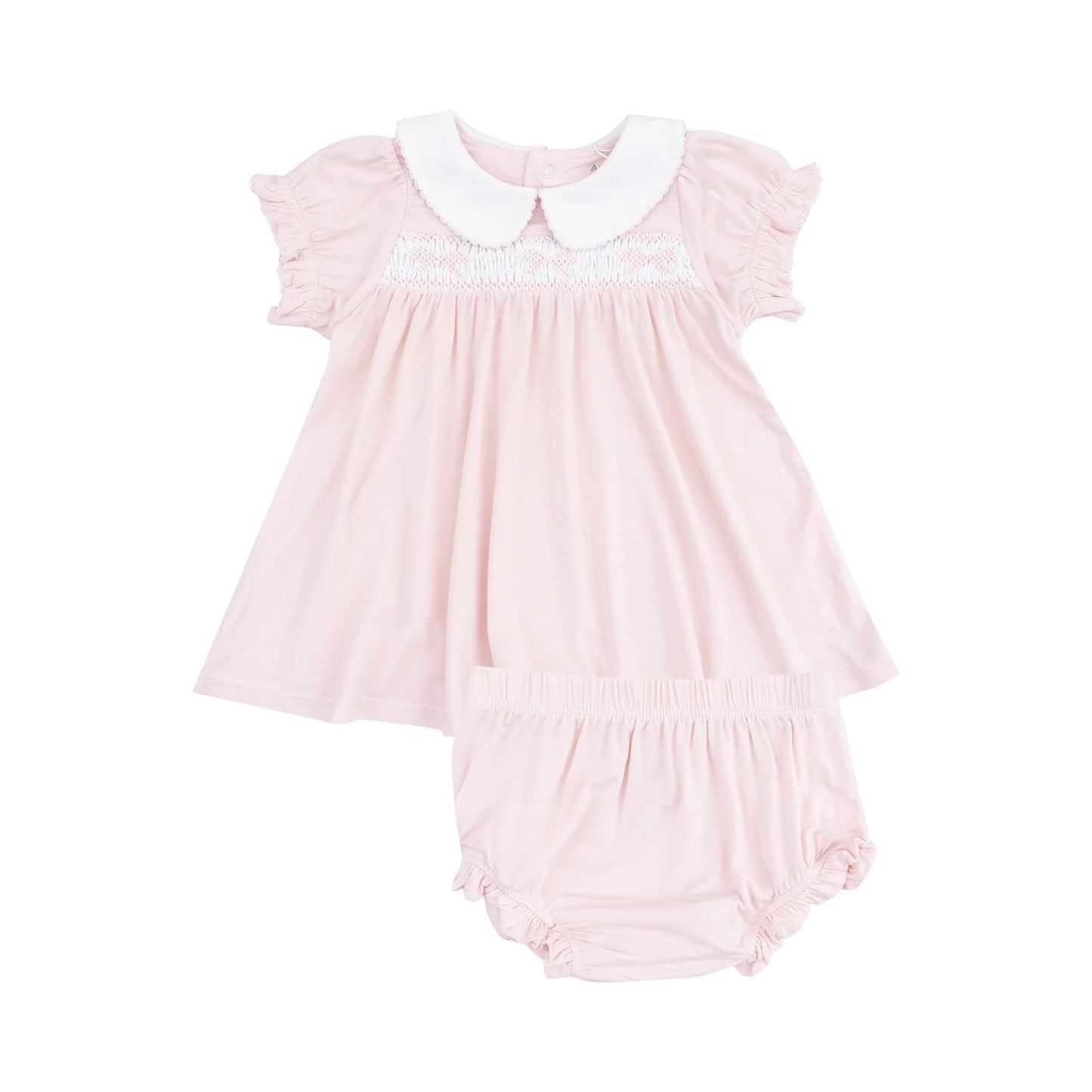 Angel Dear Solid Classic Pink Smocked Peterpan Collar Dress And Ruffle Leg Bloomer