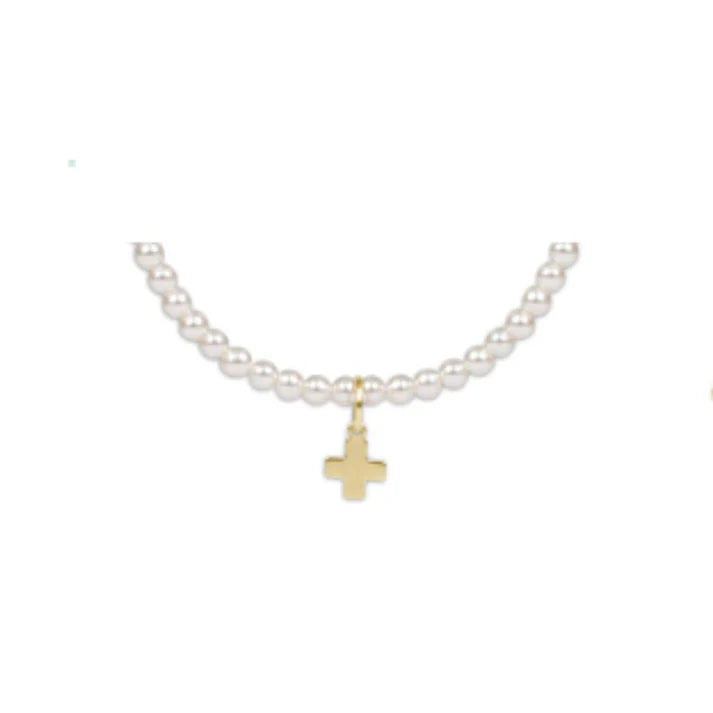 E Newton Classic Pearl 3mm Bead Bracelet Signature Cross Gold Charm