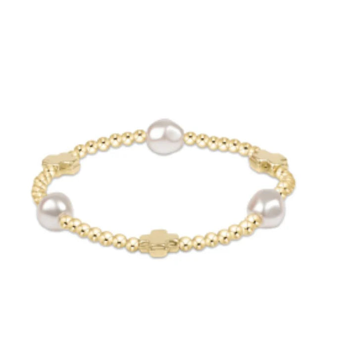 E Newton Signature Cross Admire Pearl Pattern 3mm Bead Bracelet Gold