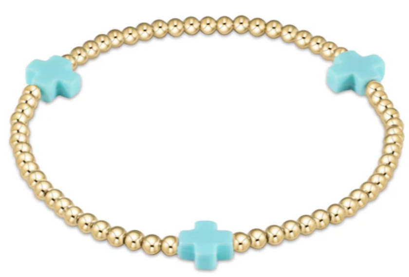 E Girl Signature Cross Gold Pattern 3mm Bead Bracelet Turquoise