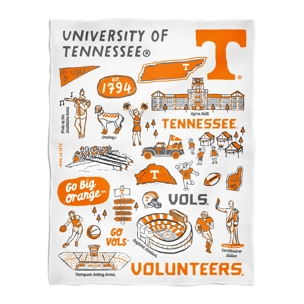 Tennessee Volunteers Hand Sketched Minky Blanket