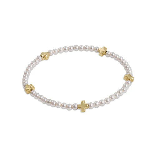 E Newton Signature Cross Small Pearl Pattern 3mm Bead Bracelet Gold