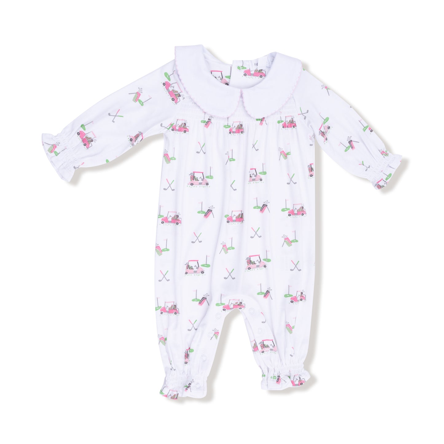 Baby Golf Carts - Pink - Smocked L/s Romper W/ Peter Pan Collar