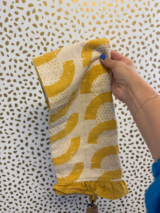 Cotton Printed Tea Towel w/ Pattern & Ruffle Yellow