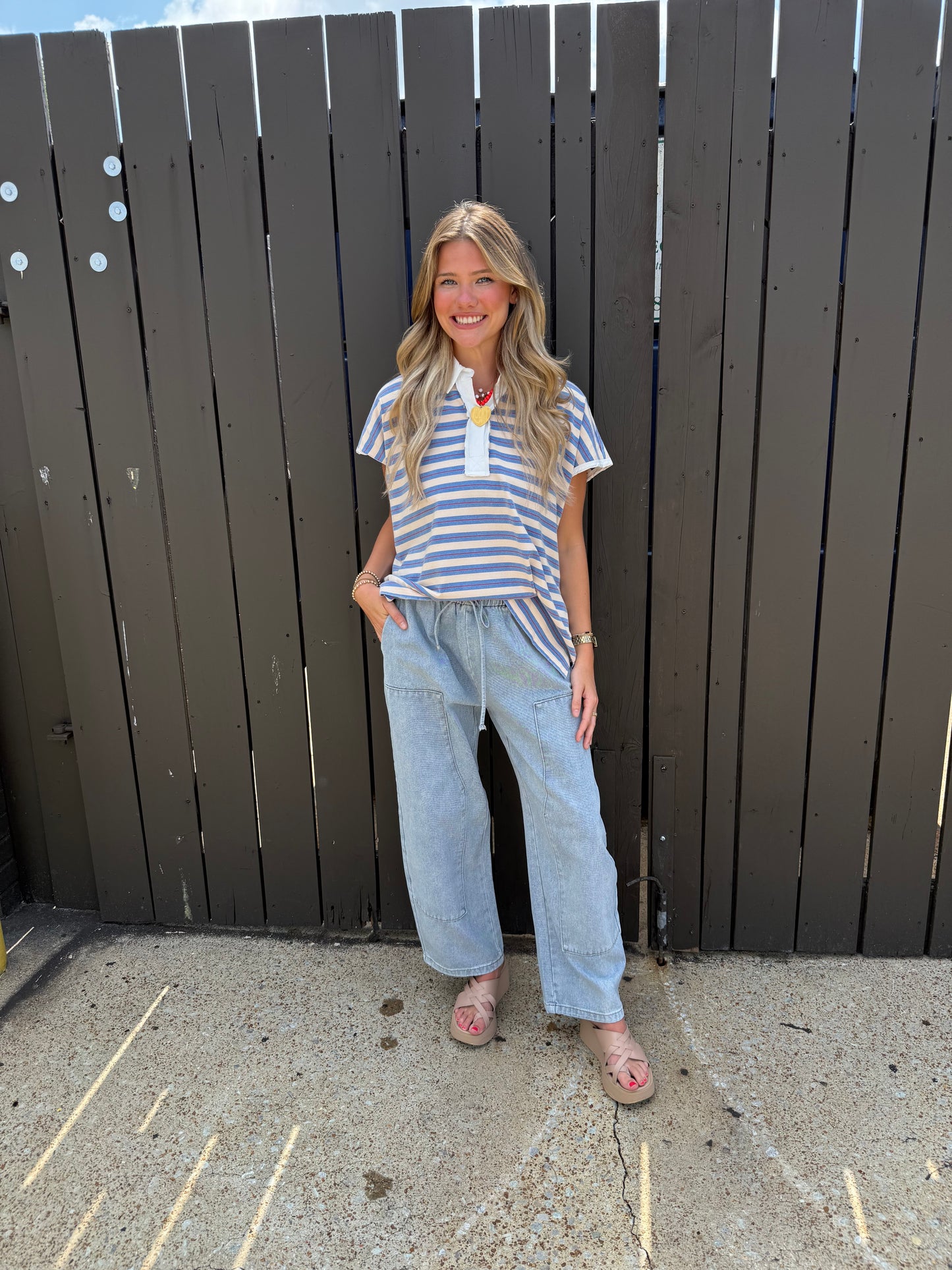 Star Button Blue Stripe Top