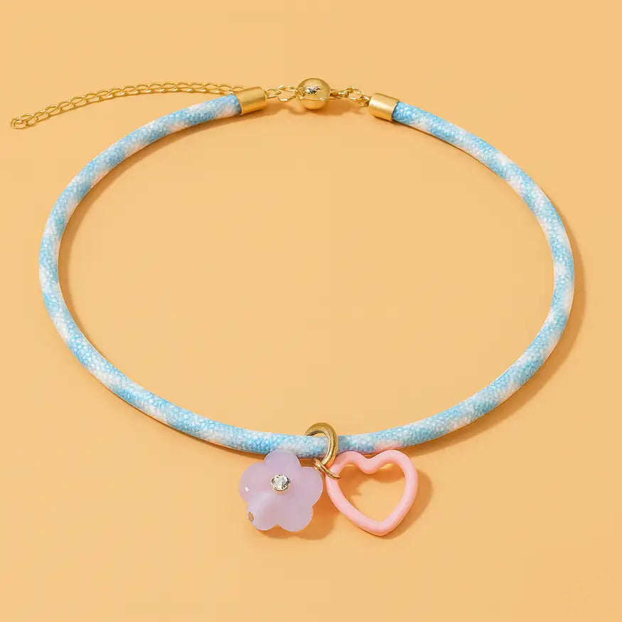 Blakely Cord Necklace Blue Flower+Heart