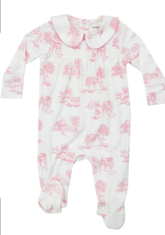 Angel Dear Farm Toile Pink Smocked Peter Pan Footie