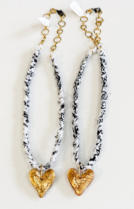 White Bandana with Gold Leaf Heart Necklace
