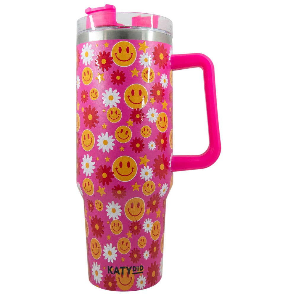 Red Flower Happy Face Stainless Steel Tumbler Cup: Hot Pink