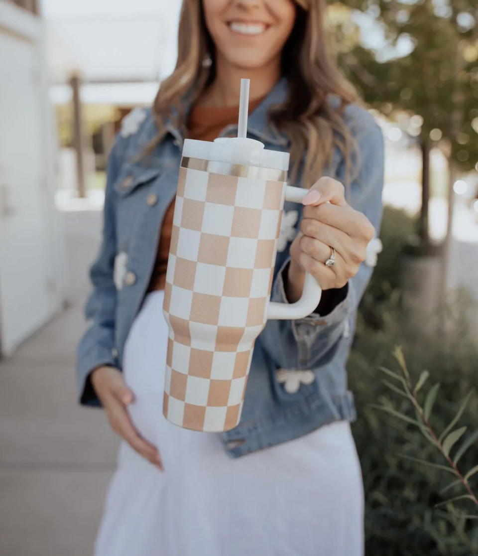 Distressed Tan Checkered Tumbler, 40 oz Water Tumbler