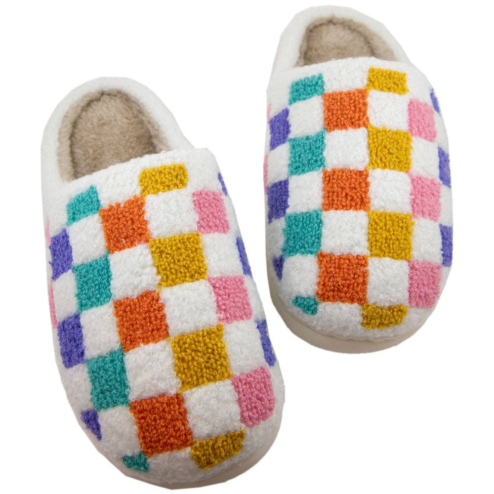 Multicolored Checkered Pattern Fuzzy Slippers: White / M/L