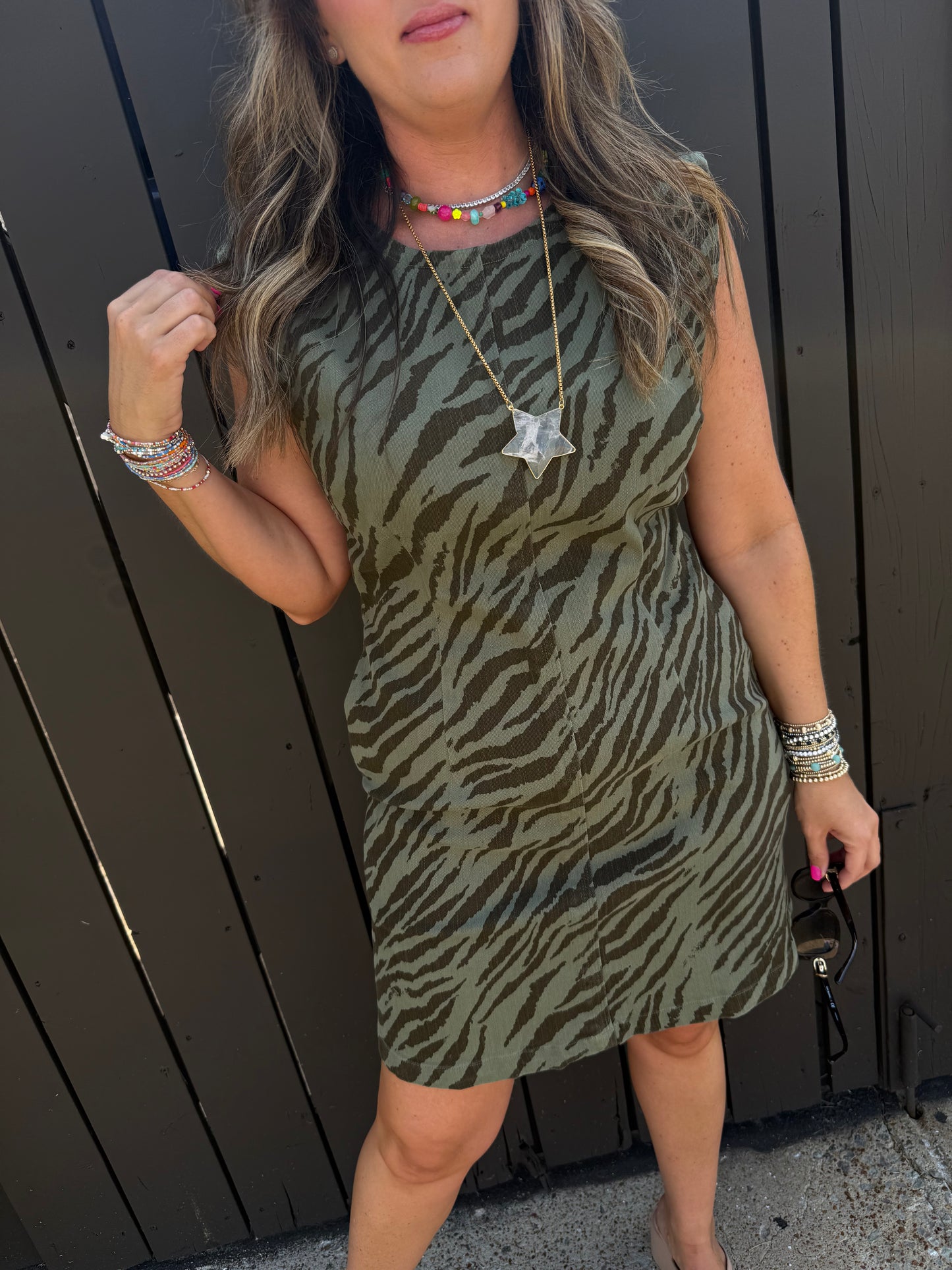 Zindy Olive Zebra Dress