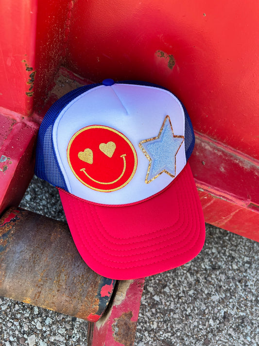 Red/Blue Smiley & Star Hat