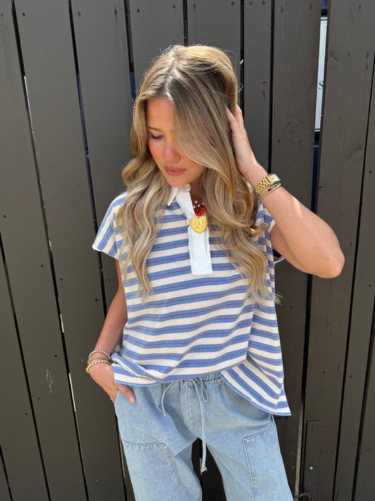 Star Button Blue Stripe Top