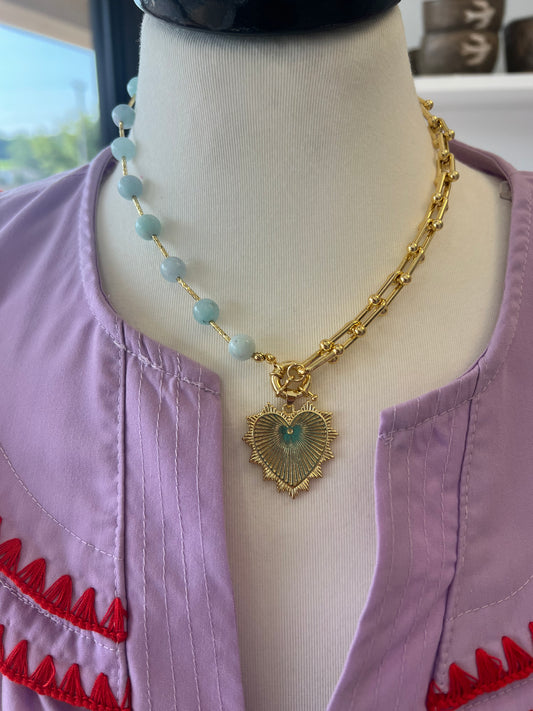 Heart Charm Necklace Light Blue