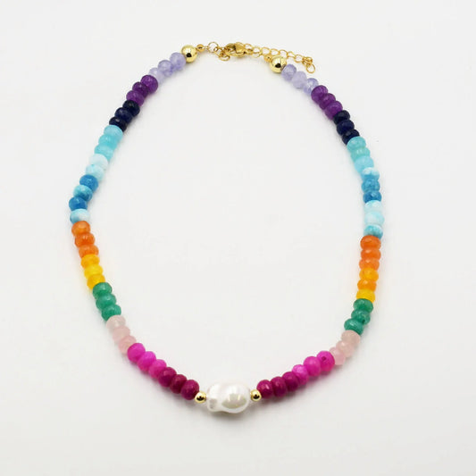 Colorful Gemstone with Pearl Necklace