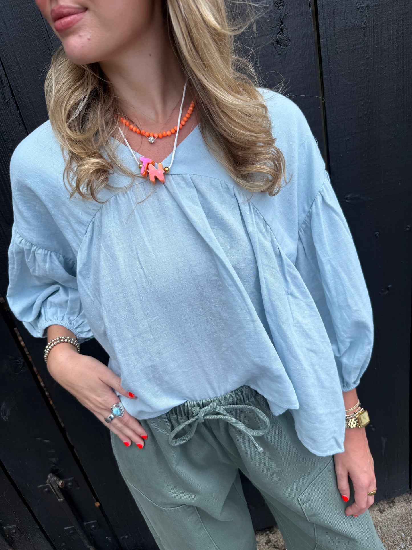 Baylor Bubble Sleeve Top Light Blue