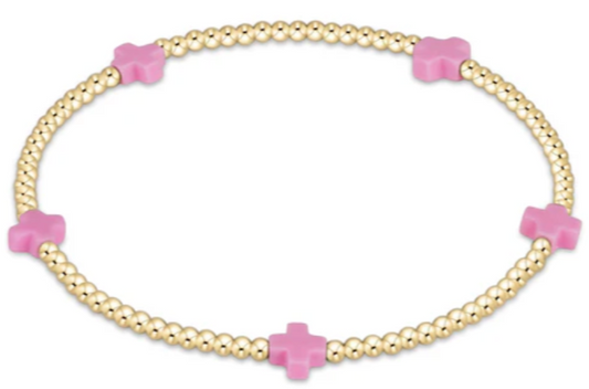 E Girl Signature Cross Small Gold Pattern 2mm Bead Bracelet - Bright Pink