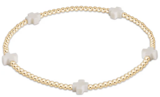 E Girl Signature Cross Small Gold Pattern 2mm Bead Bracelet - Off- White
