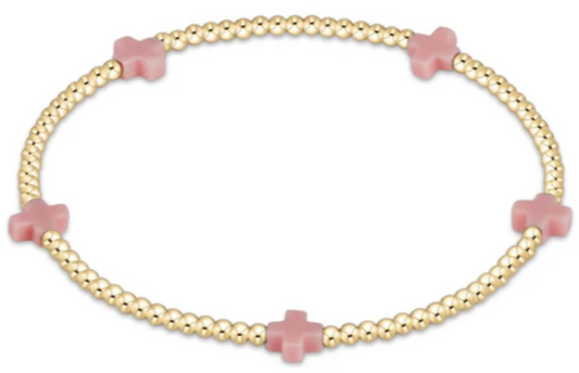 E Girl Signature Cross Small Gold Pattern 2mm Bead Bracelet - Pink