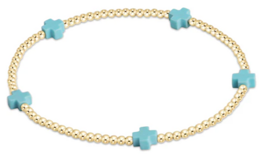 E Girl Signature Cross Small Gold Pattern 2mm Bead Bracelet - Turquoise
