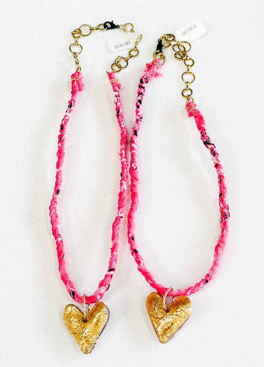 Pink Bandana with Gold Leaf Heart Necklace