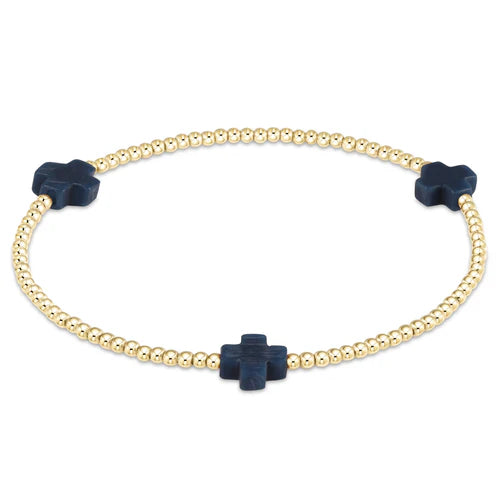 E Newton Signature Cross Gold Pattern 2mm Bead Bracelet Navy