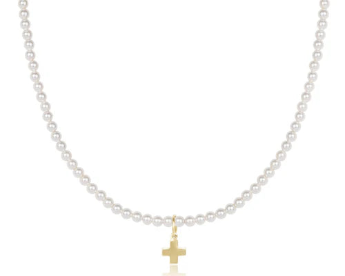E Newton Classic Pearl 3mm Small Cross Gold Necklace