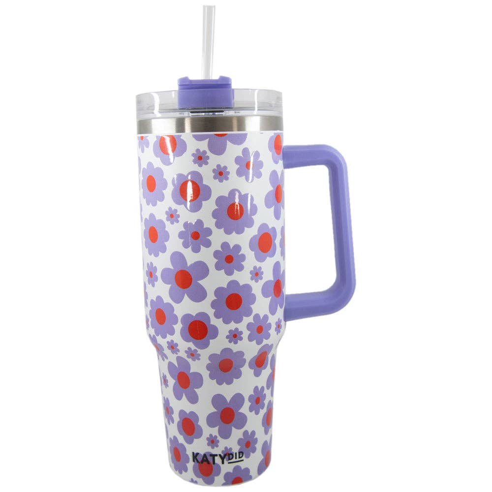 Lilac Floral 40 Oz Tumbler Cup w/ Handle: White