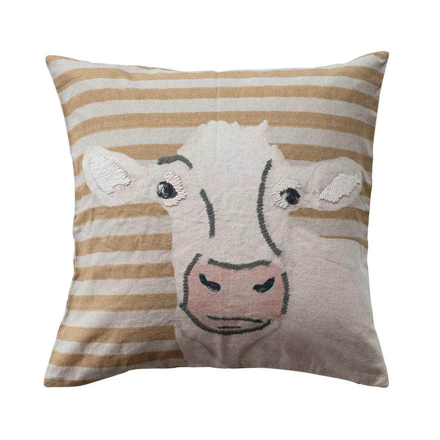 20" Square Cotton & Linen Pillow with Cow Image & Embroidery