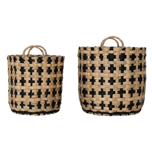Woven Water Hyacinth Baskets w/ Handles, Natural & Black, Large
