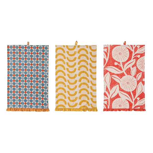 Cotton Printed Tea Towel w/ Pattern & Ruffle Blue