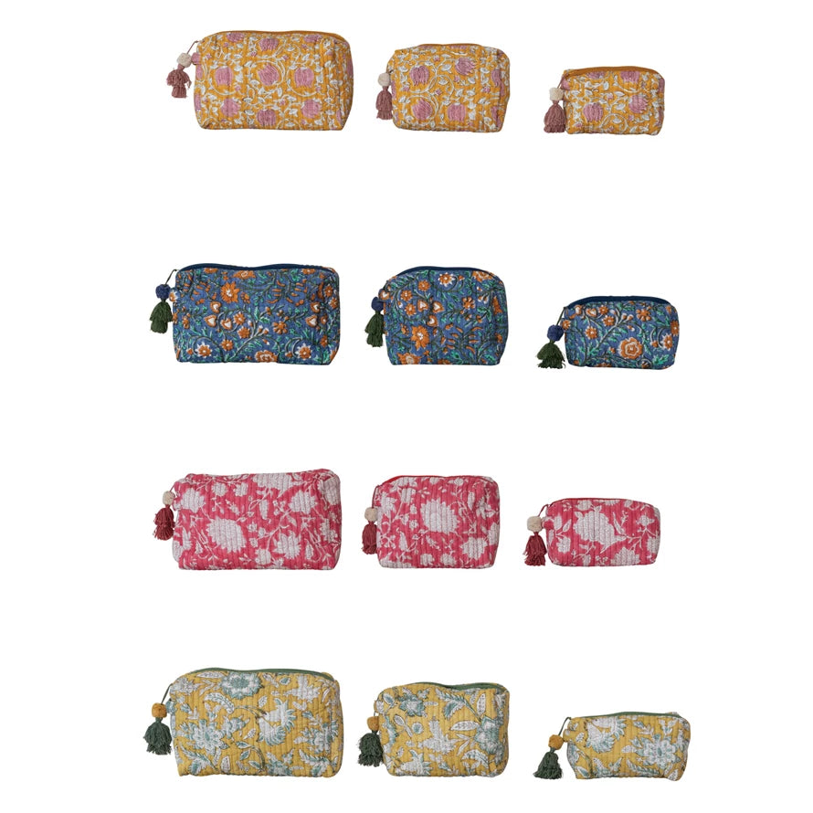 Quilted Cotton Voile Block Zip Pouches with Interior Lining Blue Medium