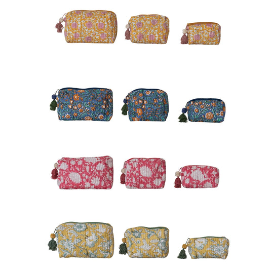 Quilted Cotton Voile Block Zip Pouches with Interior Lining Blue Medium