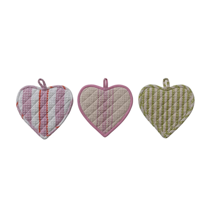 Cotton Quilted Waffle Weave Heart Shaped Pot Holder with Stripes