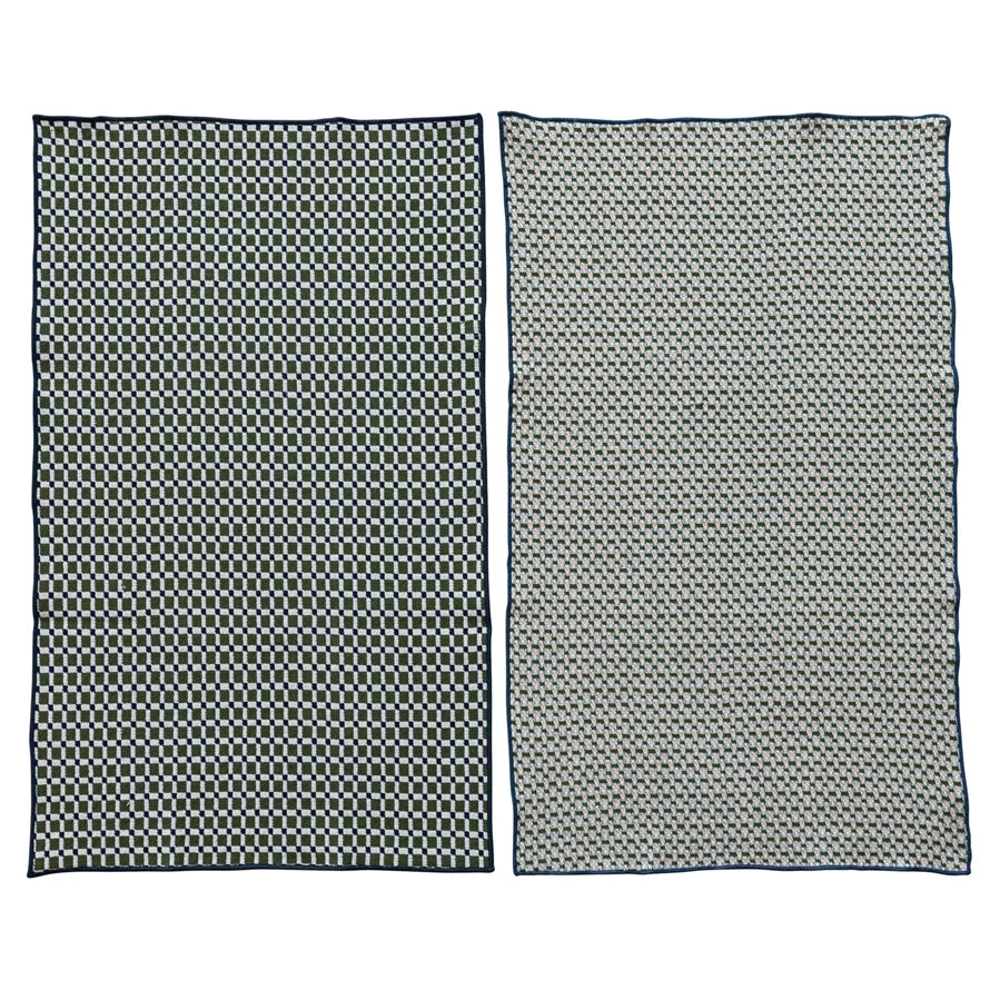 Woven Cotton Tea Towel with Pattern & Stitched Edge