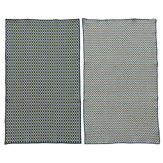 Woven Cotton Tea Towel with Pattern & Stitched Edge