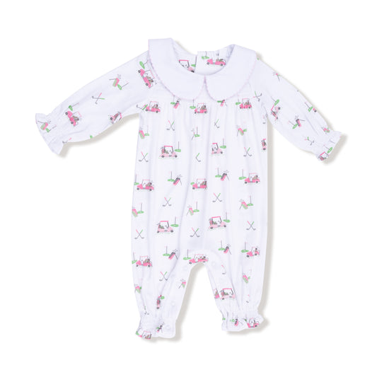 Baby Golf Carts - Pink - Smocked L/s Romper W/ Peter Pan Collar