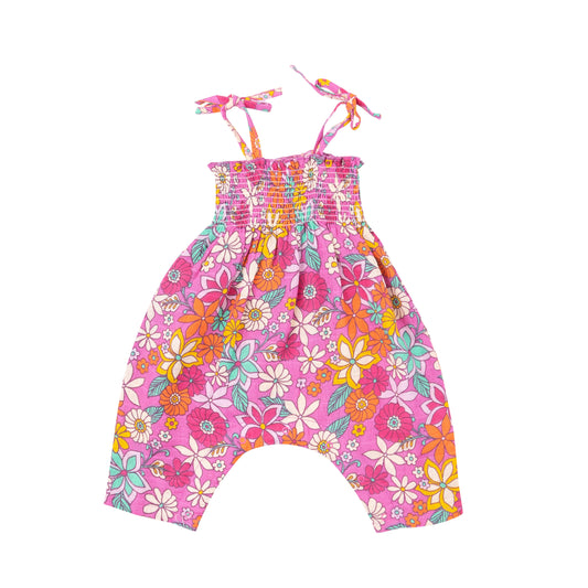 Angel Dear Tropical Retro Floral Tie Strap Smocked Romper