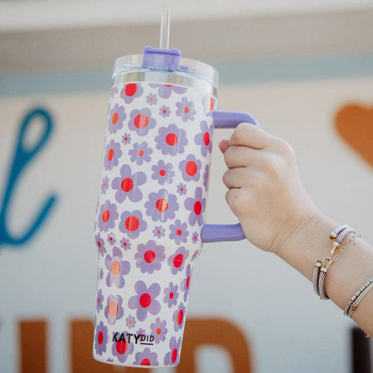 Lilac Floral 40 Oz Tumbler Cup w/ Handle: White