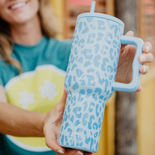 Modern Light Blue Leopard 38 Oz Tumbler Cup w/ Handle: Light Blue