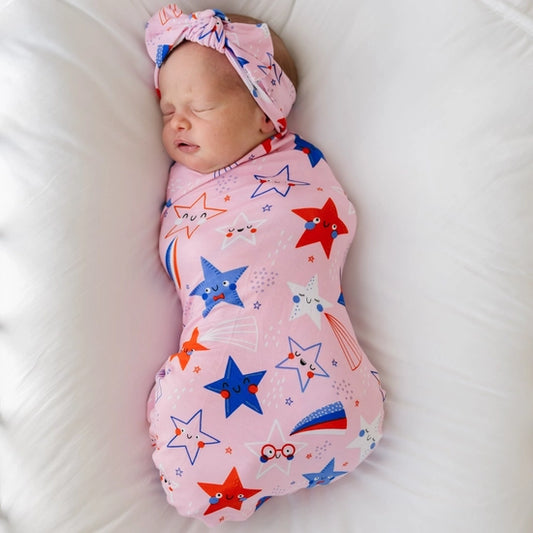 Little Sleepies Pink Stars and Stripes Swaddle and Hat